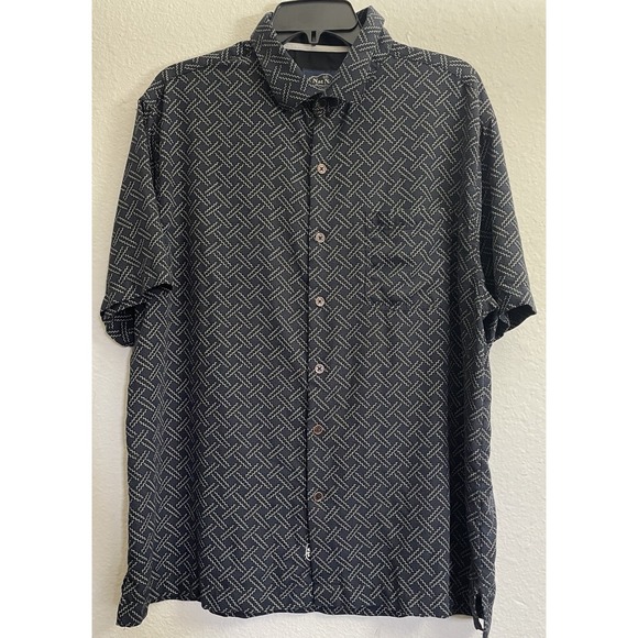 Nat Nast Luxury Originals Men's L Black Silk Shirt Geometric Zigzag Short Sleeve - Picture 3 of 6